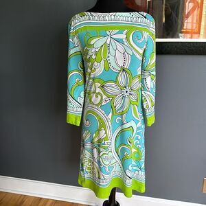 Barbara Gerwit shades of blues/greens/white mod floral print jersey knit shift